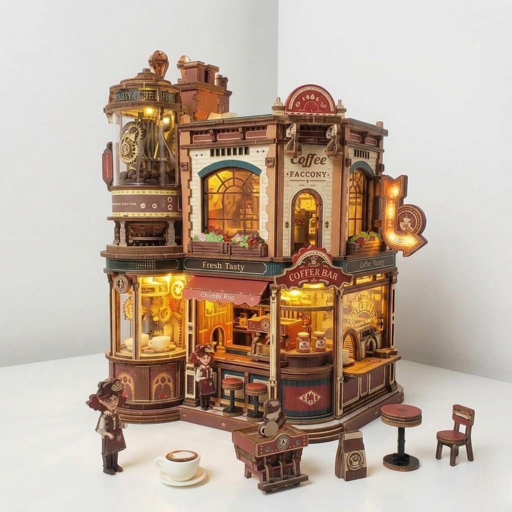 بازل مصنع القهوة الخشبي المتحرك (مع موسيقى وإضاءة)